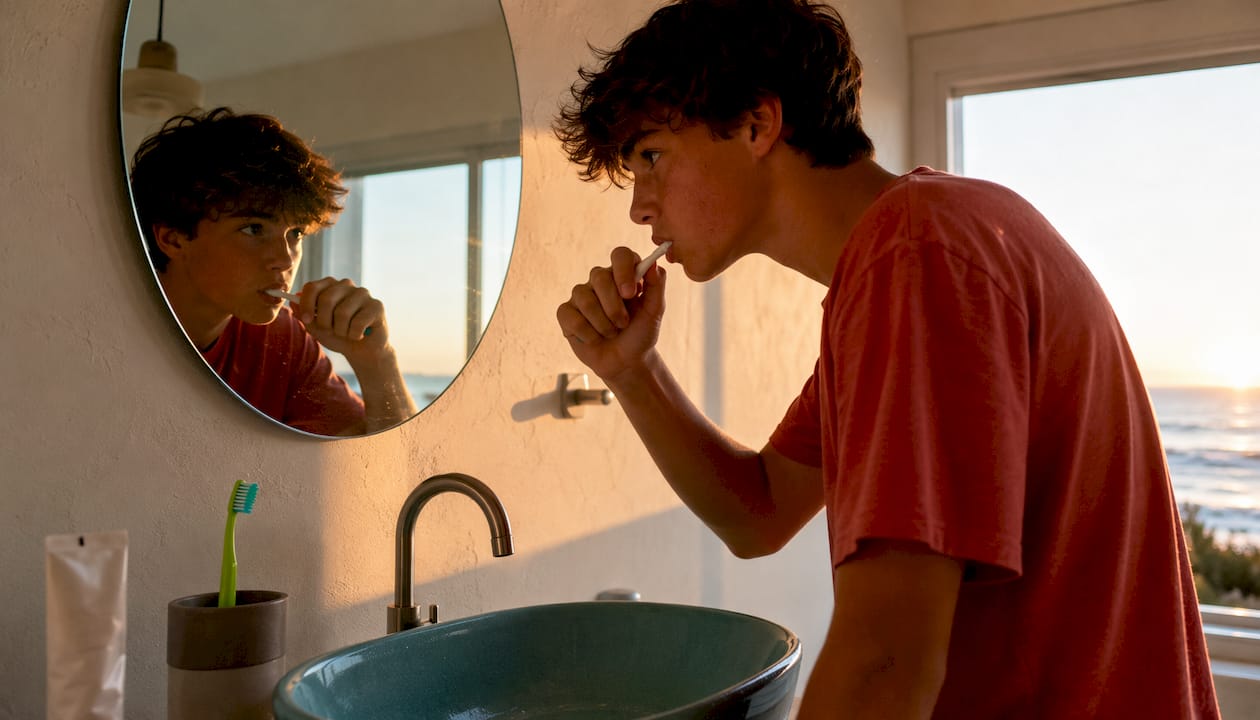 Teen boy brushing teeth with fluoride-free toothpaste