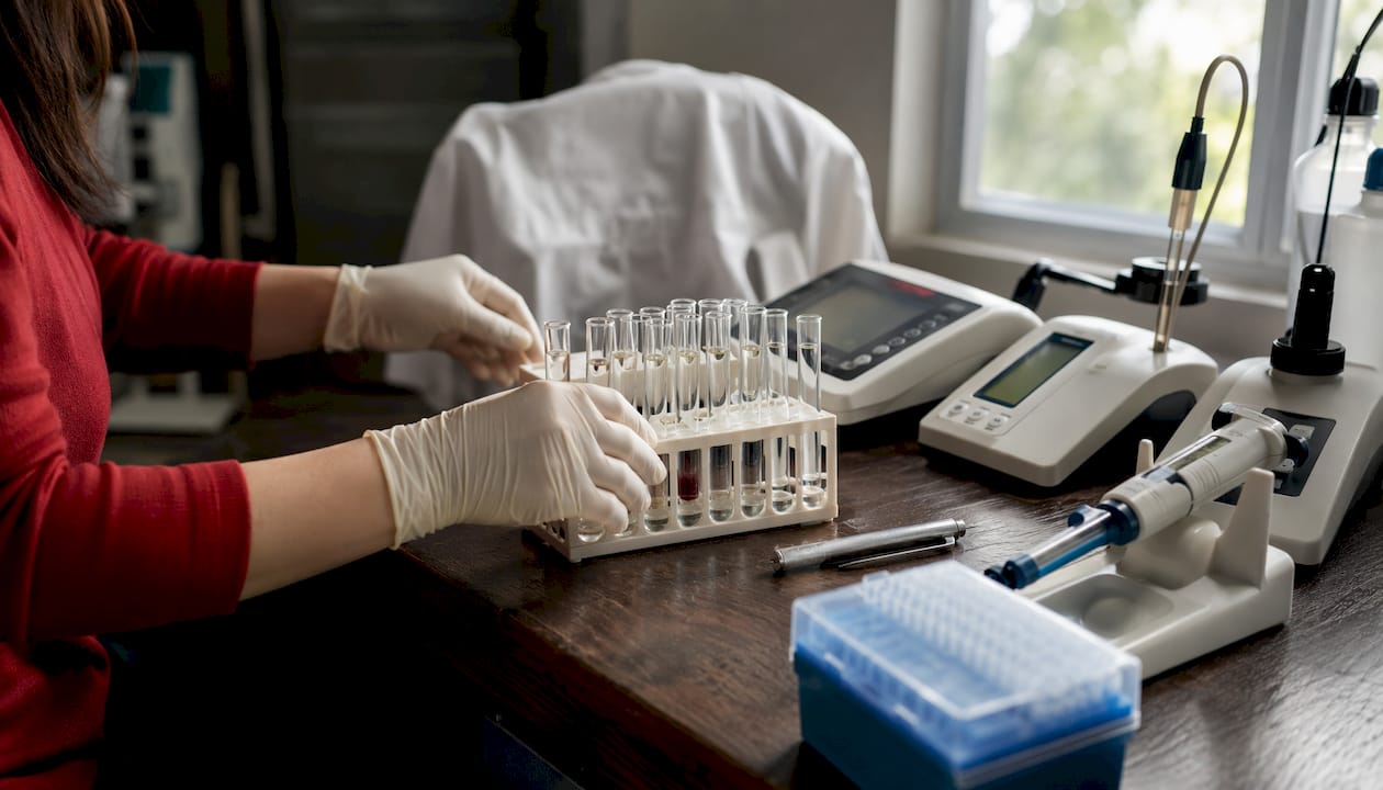 Lab bench with saliva samples and pH meters