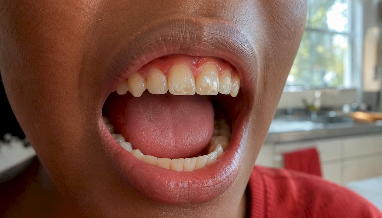 Close-up of mouth showing acid damage signs