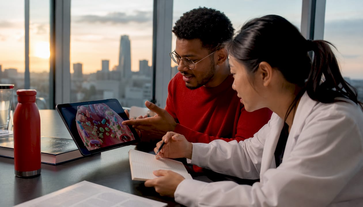Researchers discussing oral microbiome model on tablet