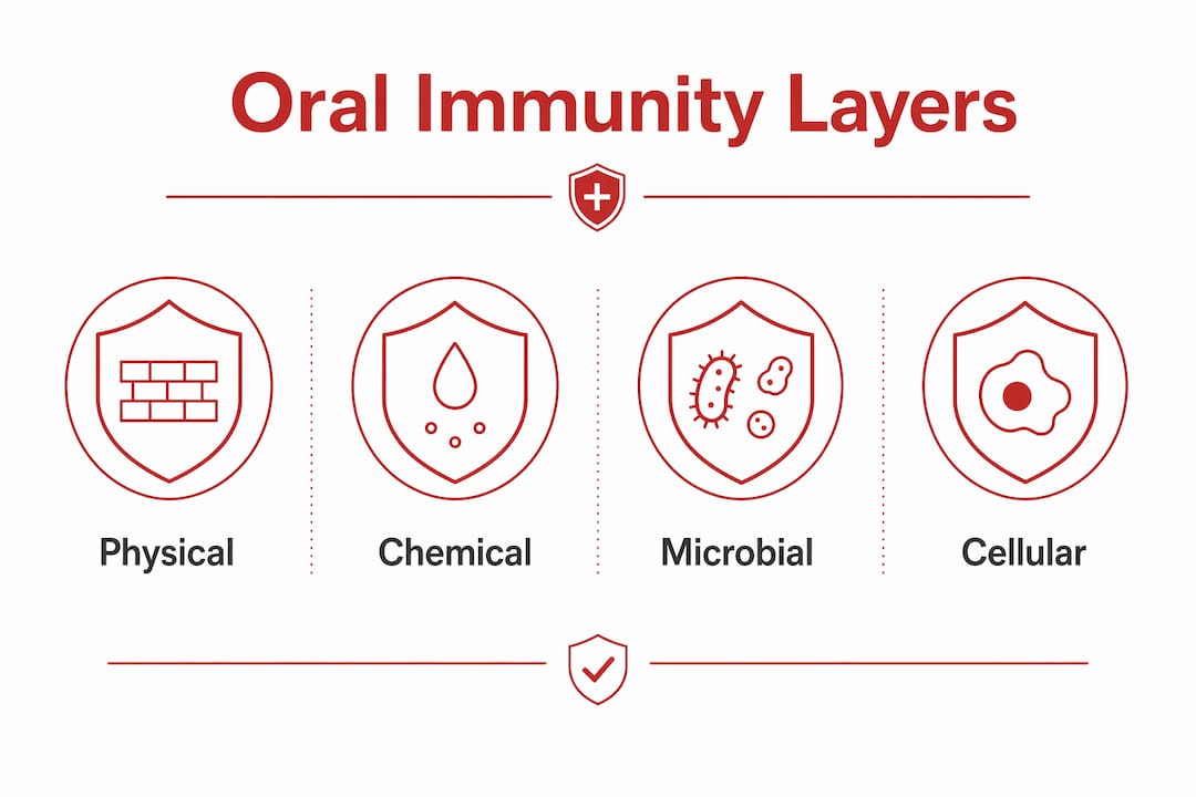 Infographic illustrating four oral immunity defense layers