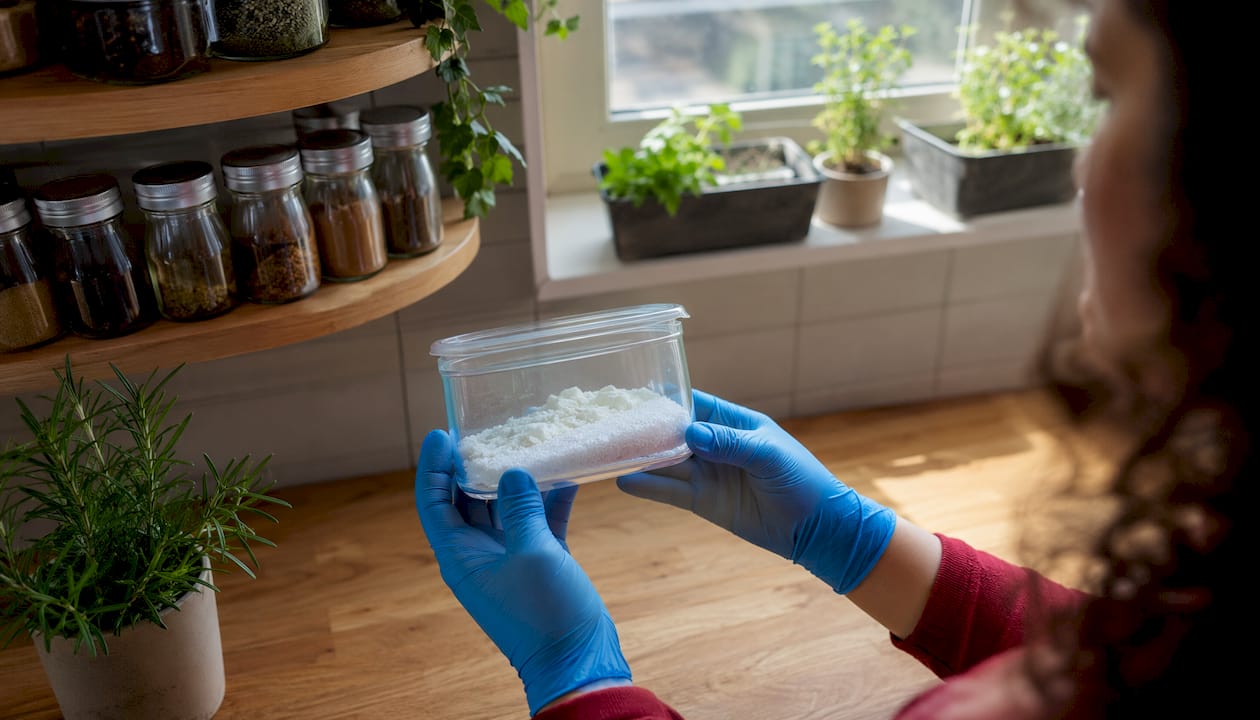 Hands examining dental product ingredients container