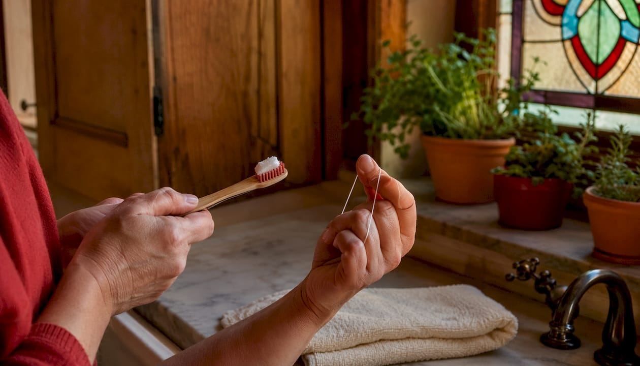 Close-up of hands brushing and flossing teeth properly