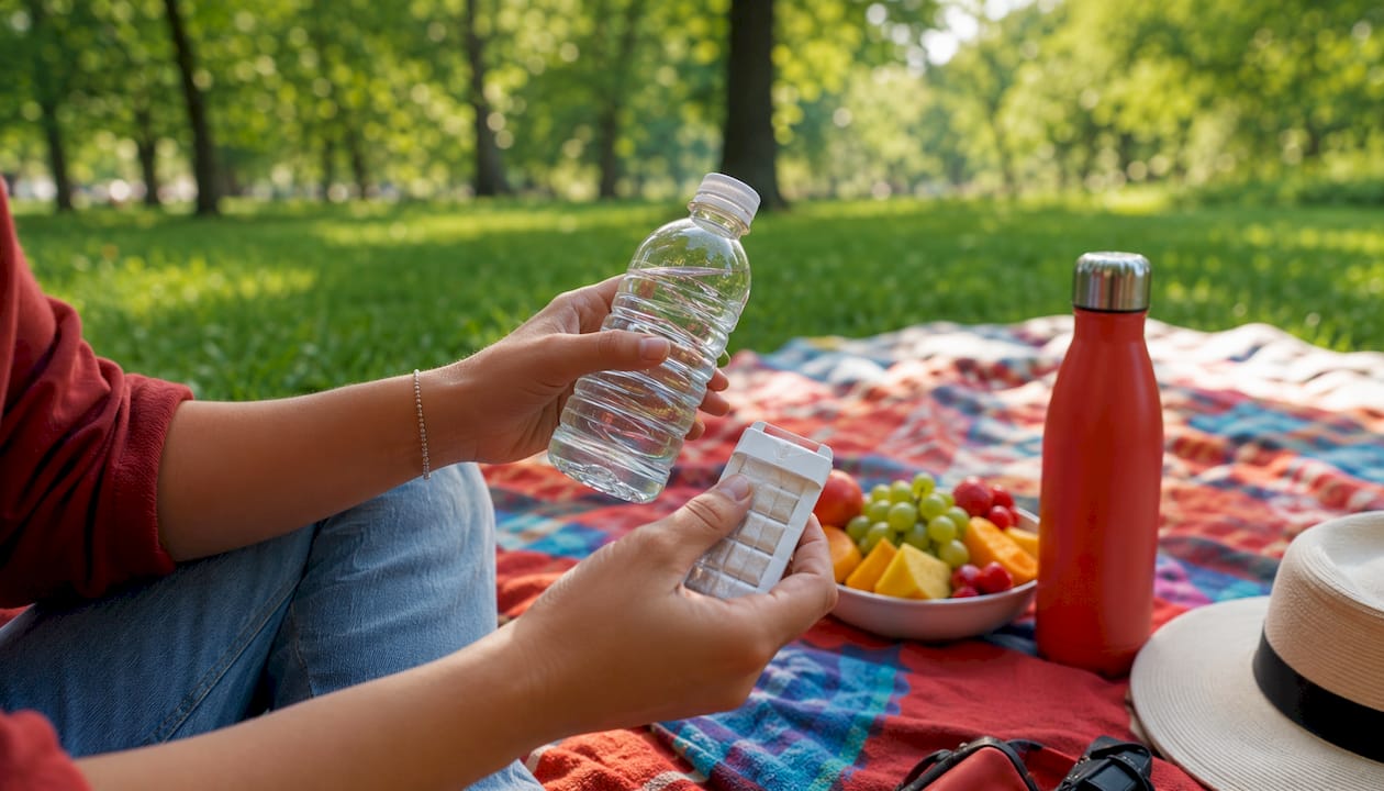 Hands holding water bottle and xylitol gum outdoors