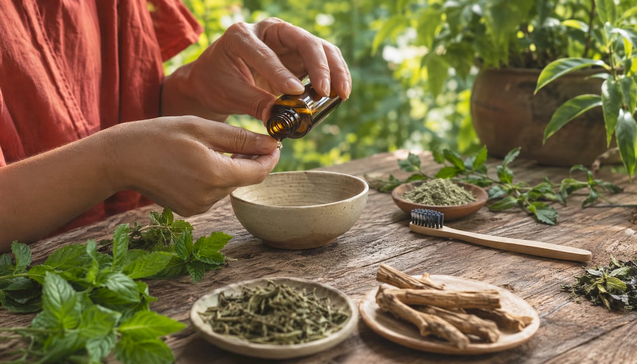 Hands holding natural oral-care ingredient bottle