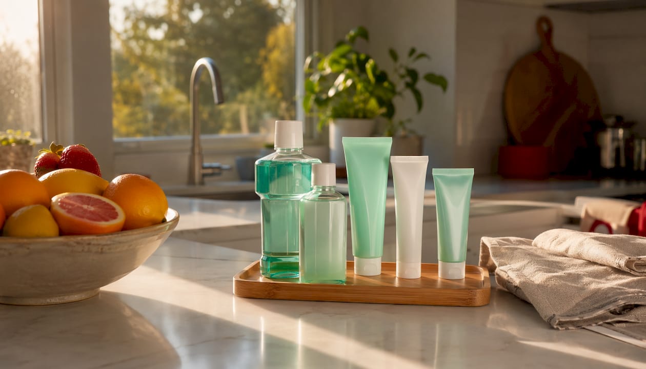 Paraben-free toothpaste and mouthwash on tray