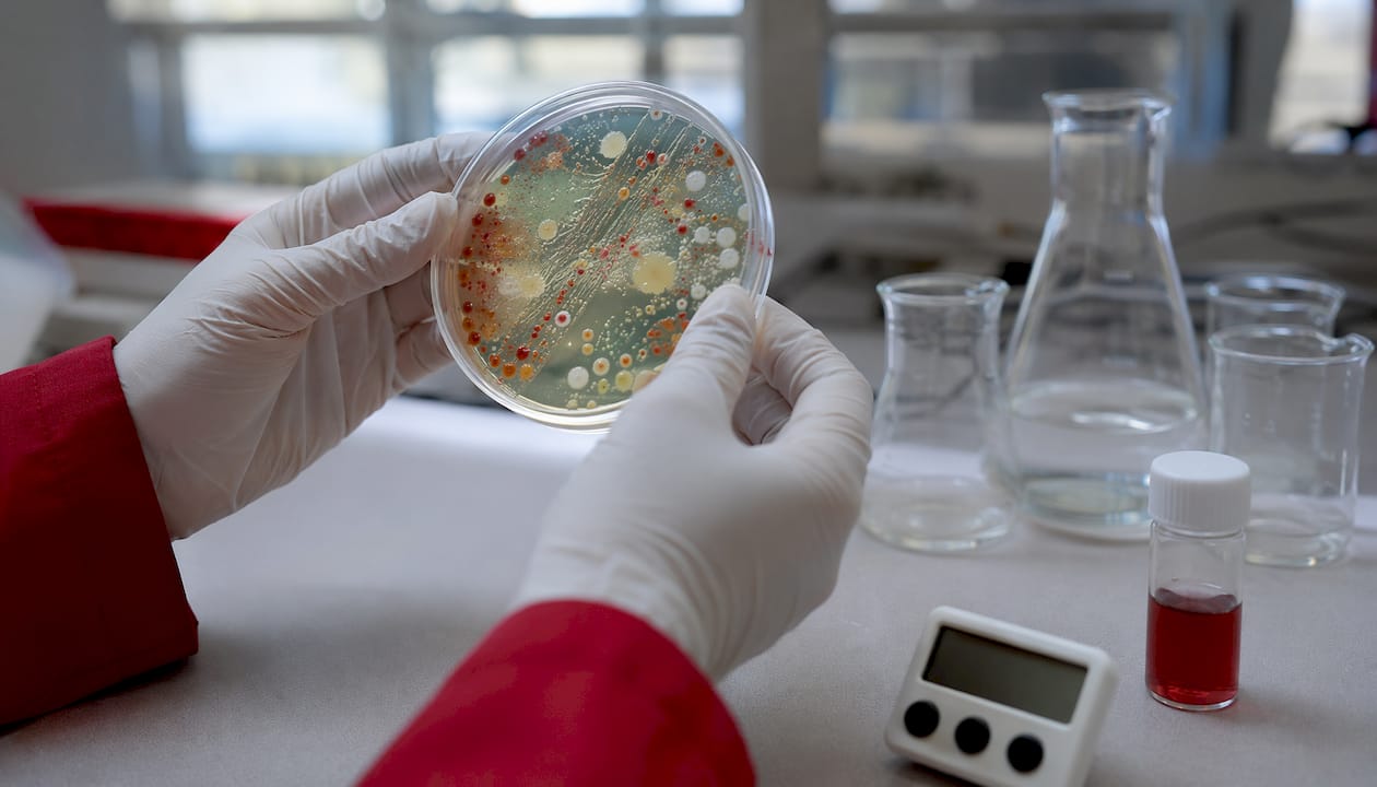Gloved hands holding petri dish in clinical oral product test