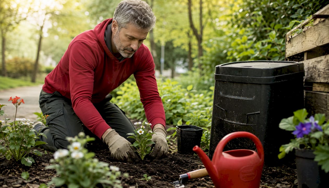 Volunteer planting flowers near environmental display