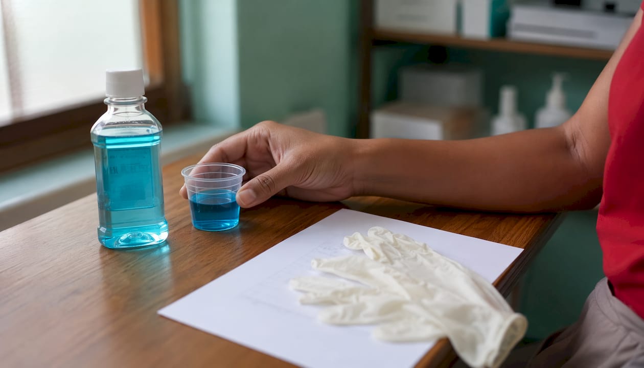 Clinical setting with antiseptic mouthwash and dosage cup