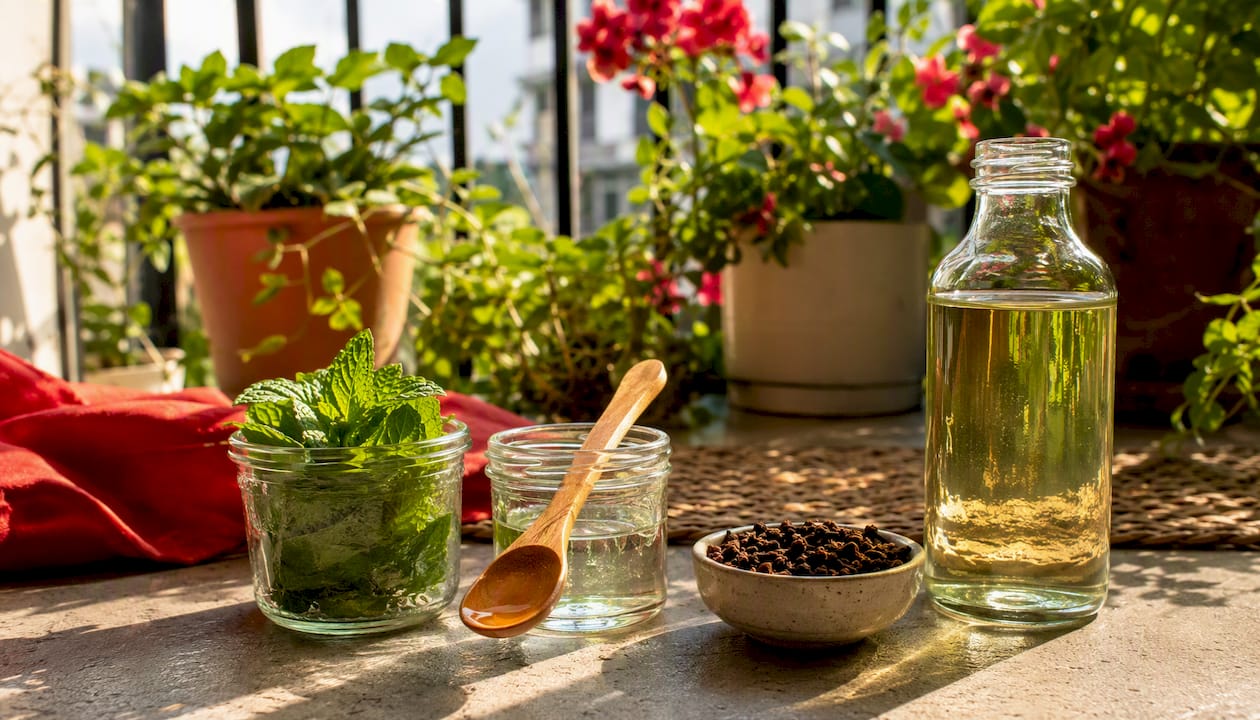 Close-up of fresh natural mouthwash ingredients on kitchen counter