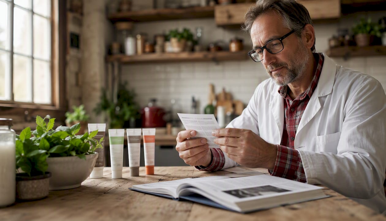 Dentist reviewing natural toothpaste ingredients in clinic