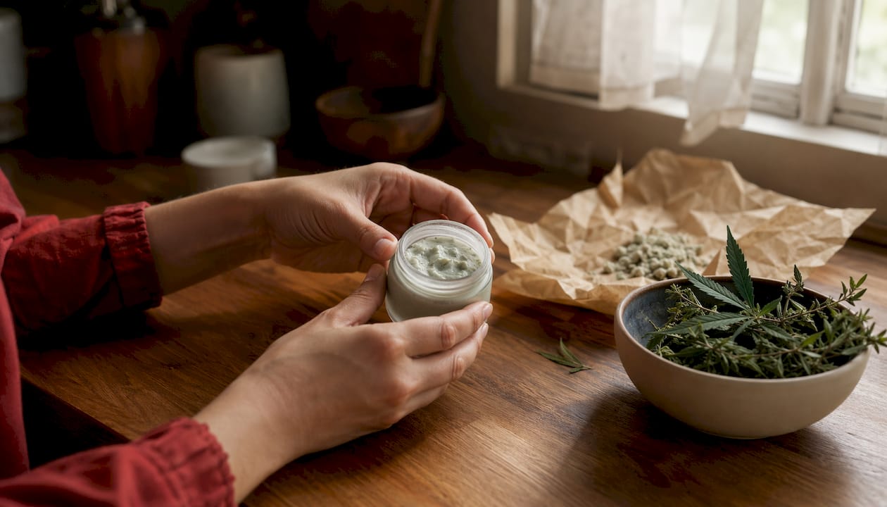 Hands holding jar of hemp and Dead Sea mineral oral care gel