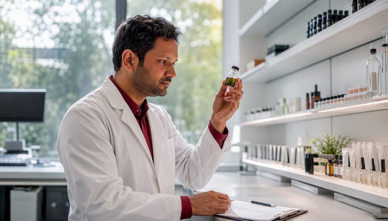 Scientist inspecting hemp extract vial in lab