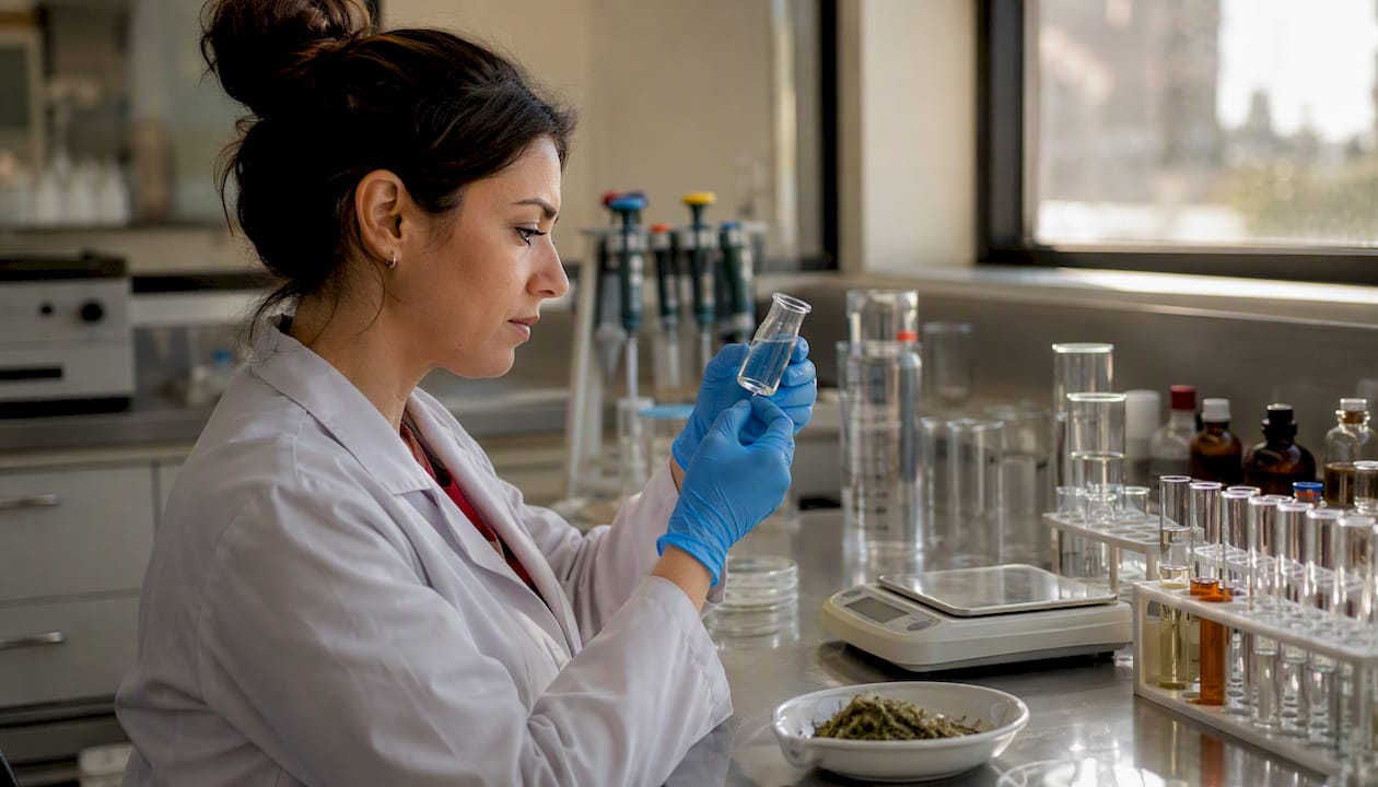 Lab technician handling oral care ingredient vial