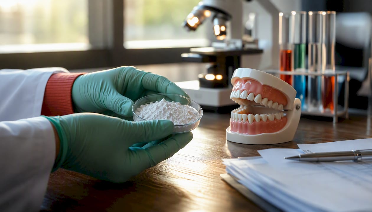 Scientist handling hydroxyapatite for enamel study