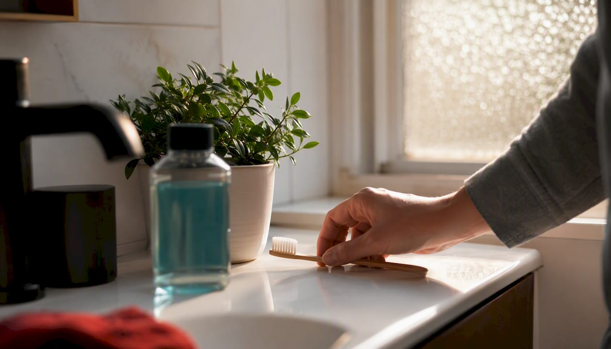 Bathroom shelf with oral care items and hand