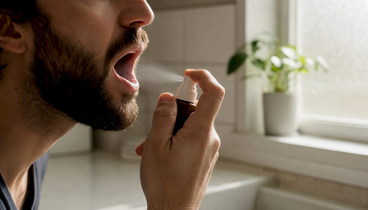 Hand using natural oral spray in mouth