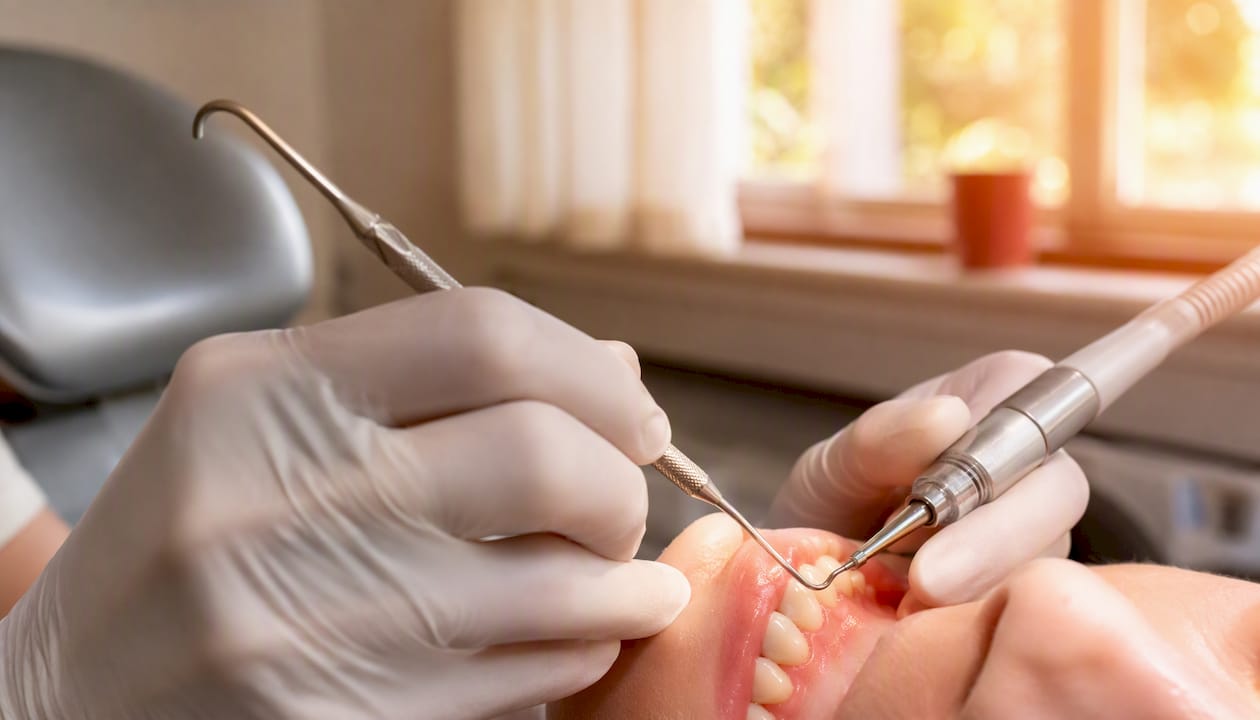 Dentist's hands performing root planing