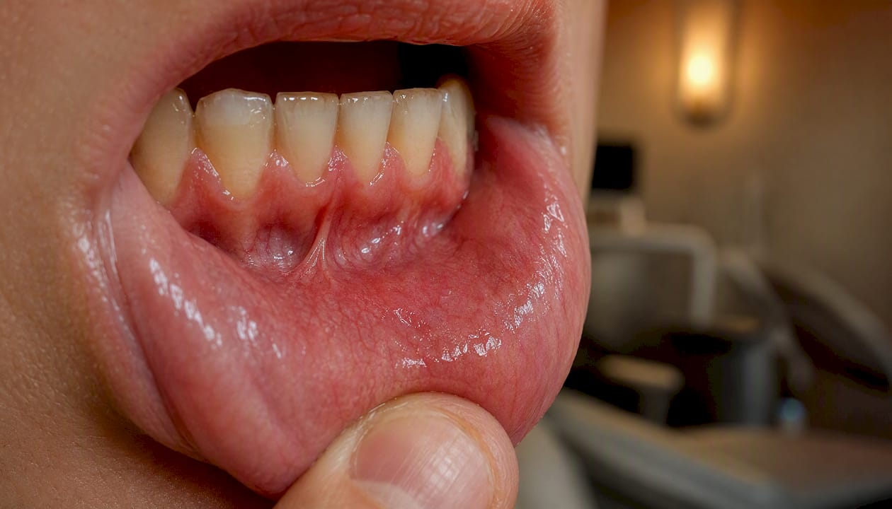 Close-up of gums showing vitamin B deficiency signs