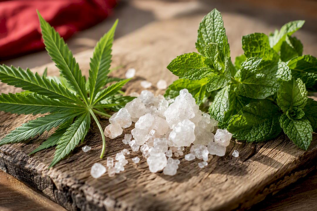 Close-up of hemp leaves and minerals