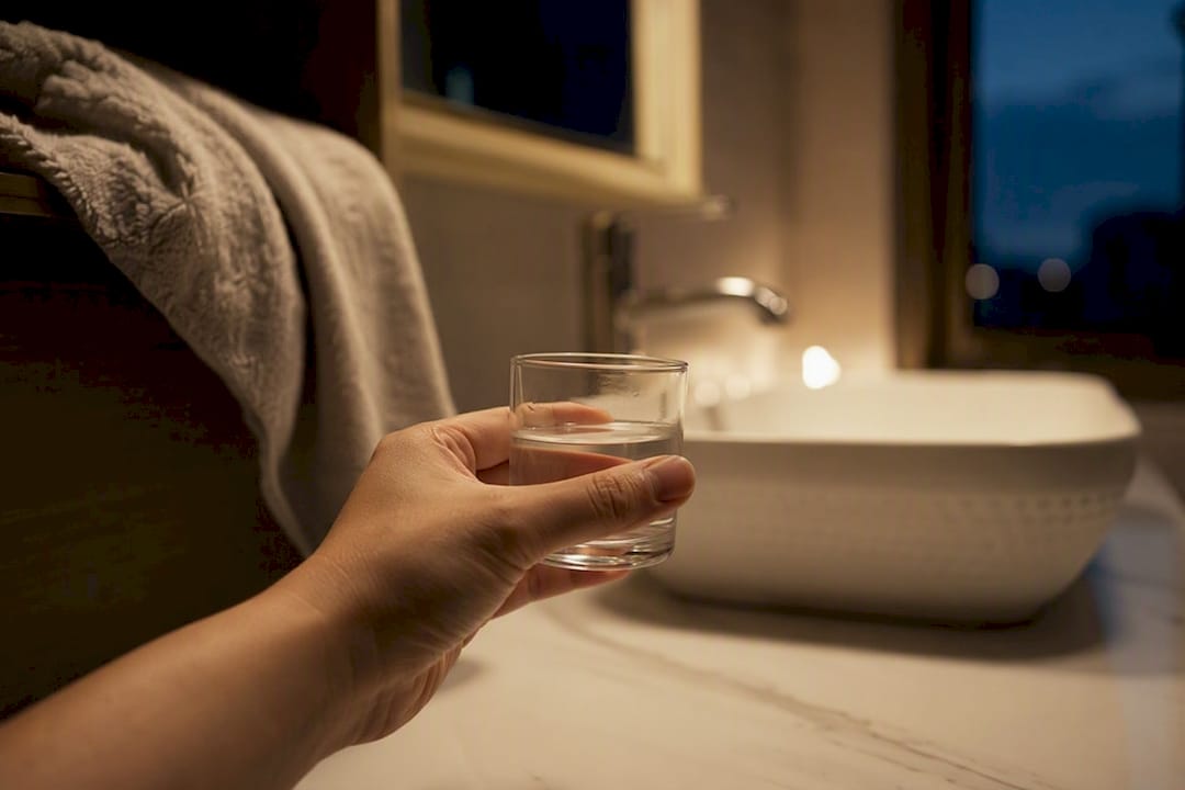 Hand holding glass of water for oral rinse