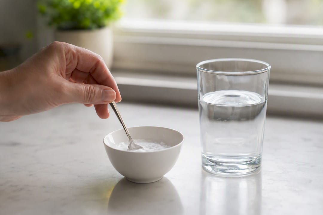 Hand stirring baking soda in water for rinse