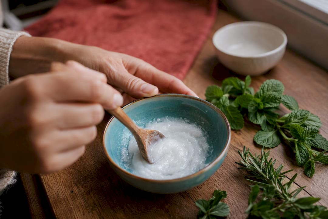 Hand mixing baking soda paste for tooth polishing