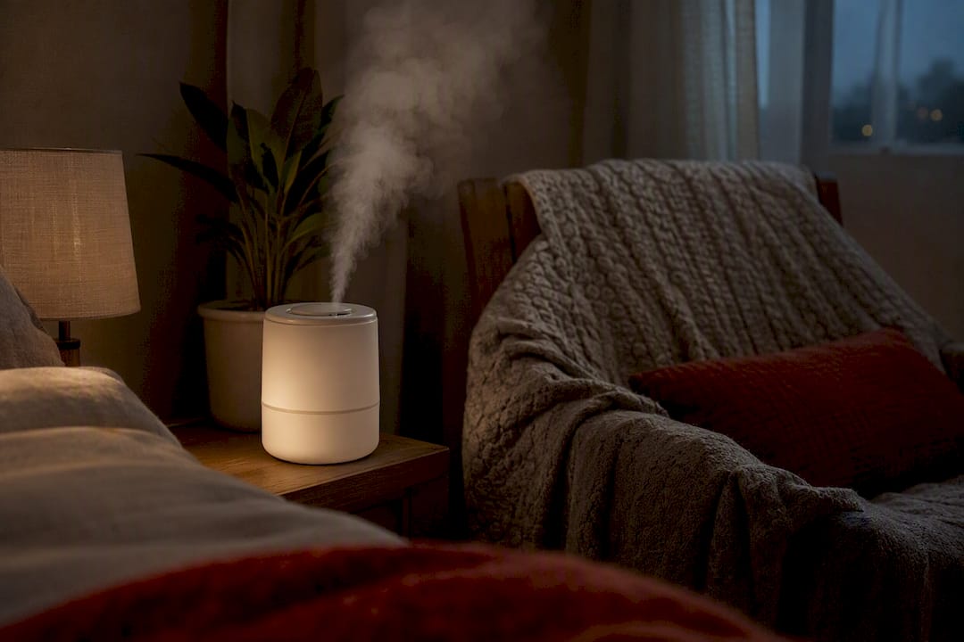 Bedroom humidifier producing mist during sleep