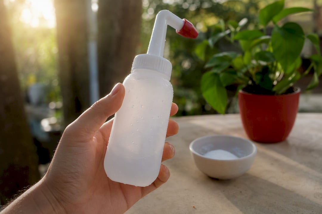 Hand holding nasal saline rinse bottle