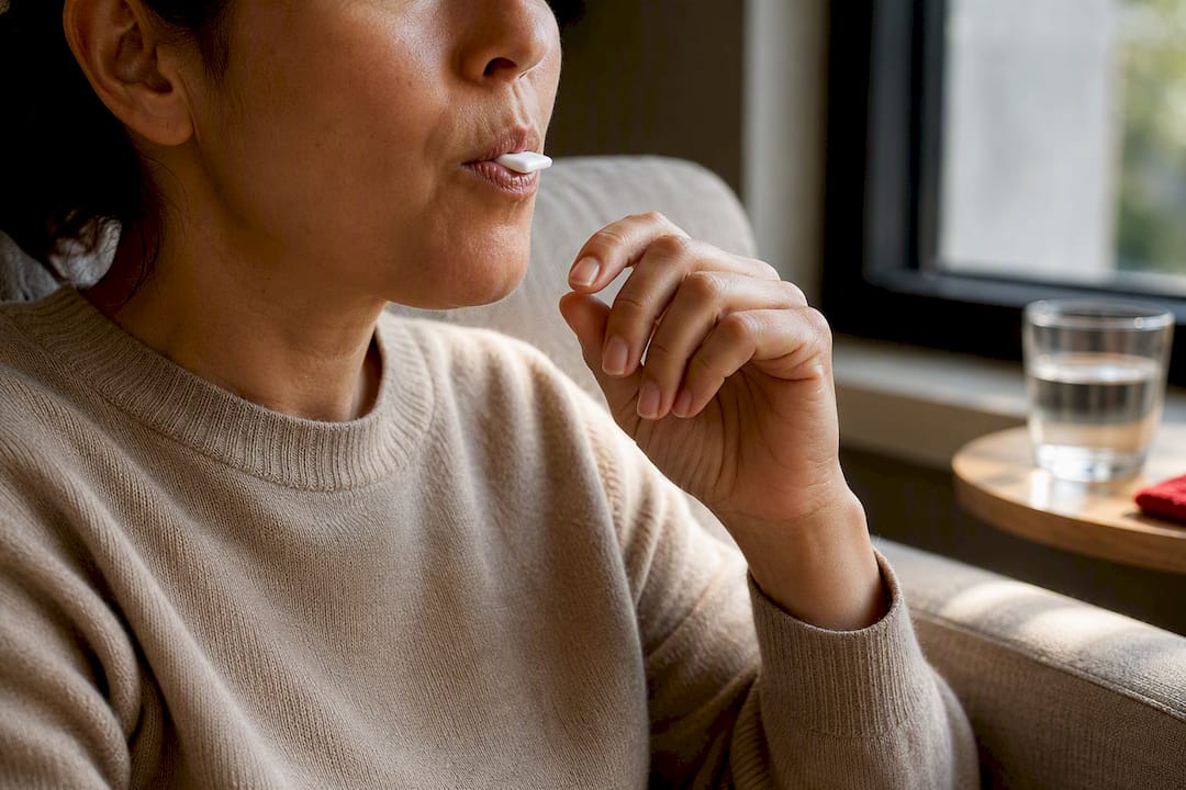 Adult chewing sugarless gum for saliva