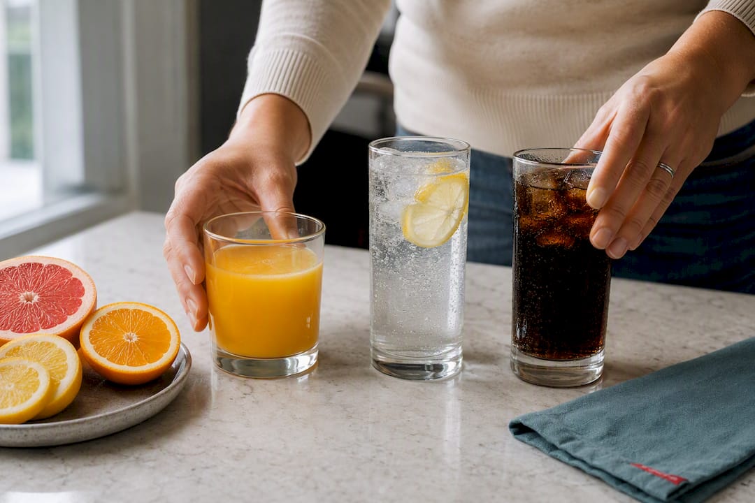 Citrus and acidic drinks arranged on counter