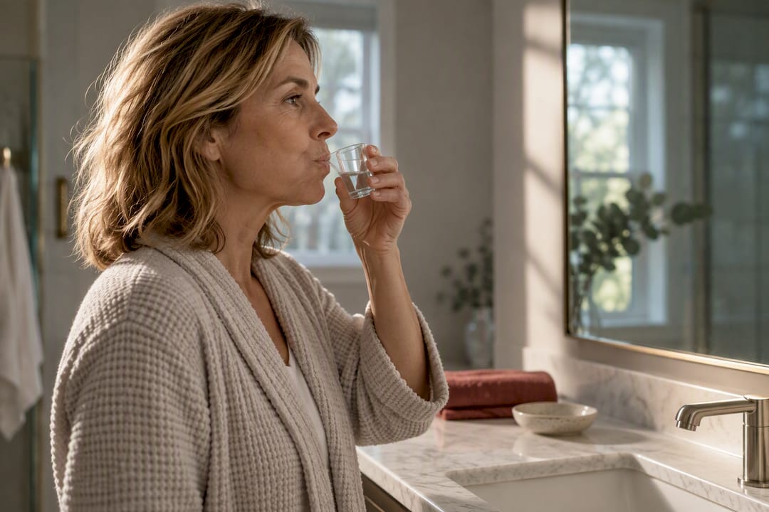 Woman using gentle rinse for dry mouth