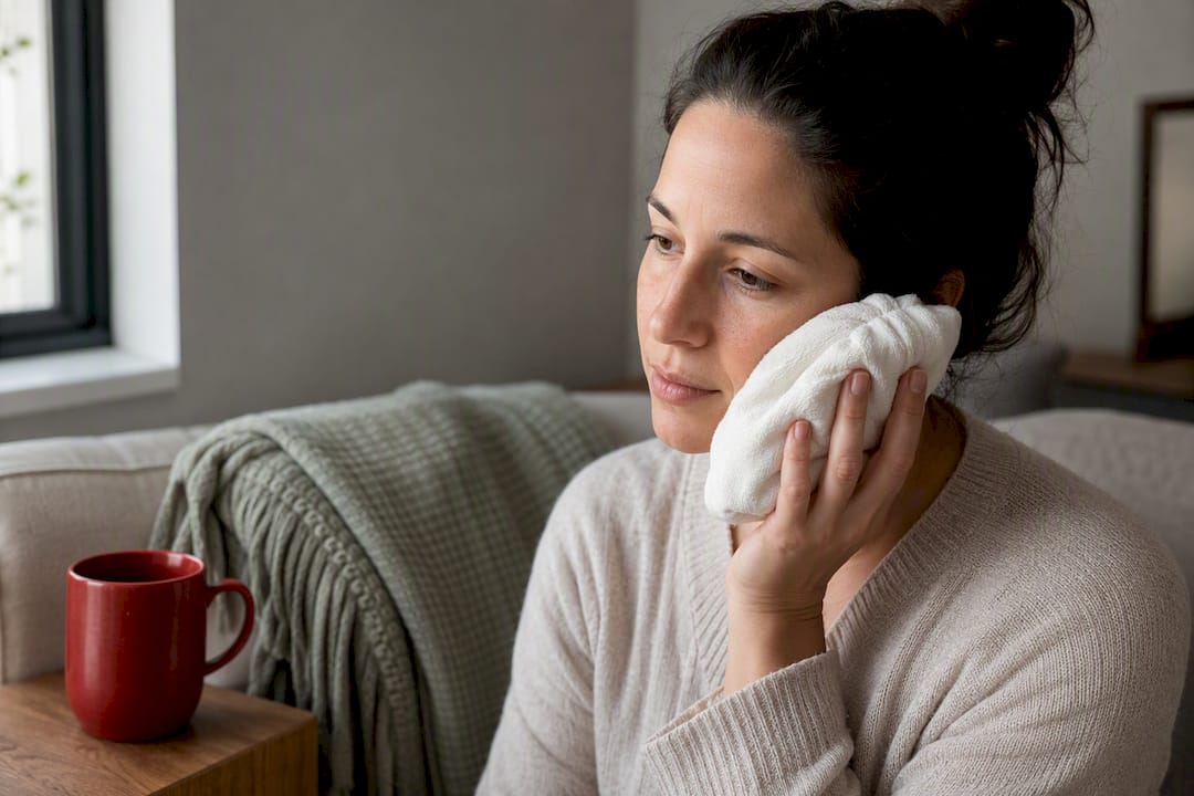 Adult applying cold compress to cheek