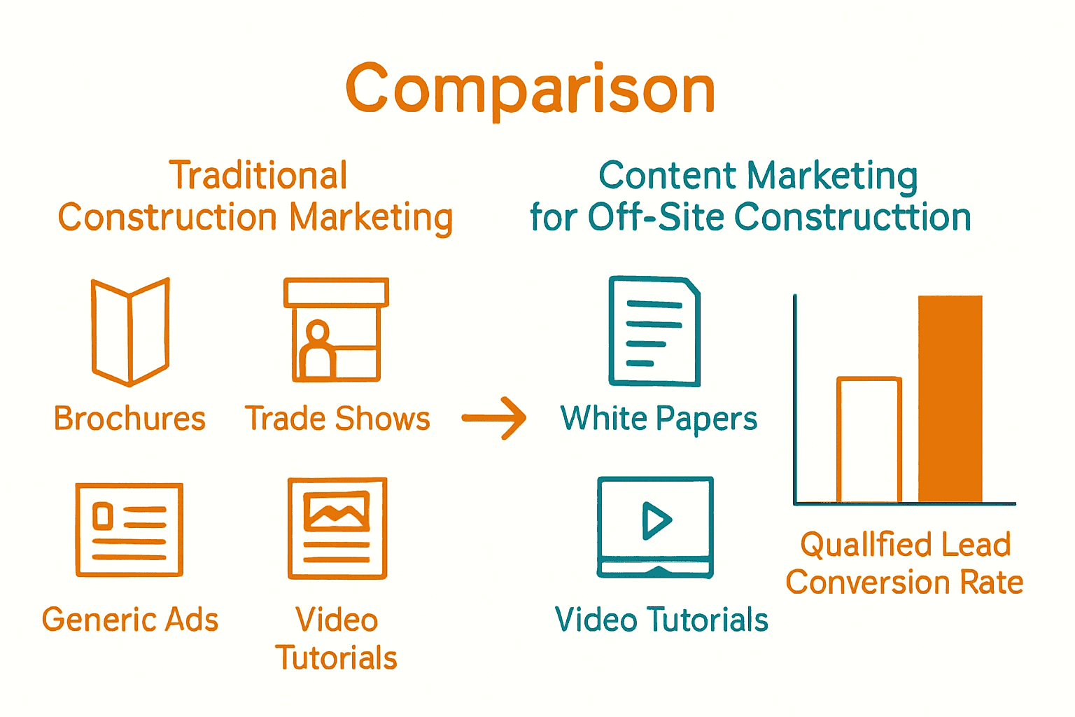 Infographic comparing traditional and off-site construction content strategies