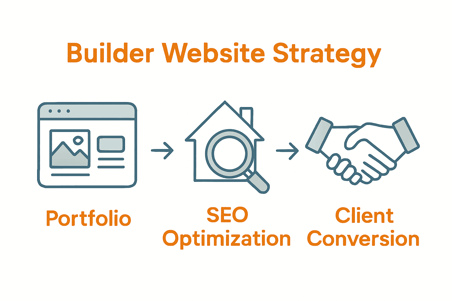 Infographic showing builder website strategy steps: showcase, optimize, convert.