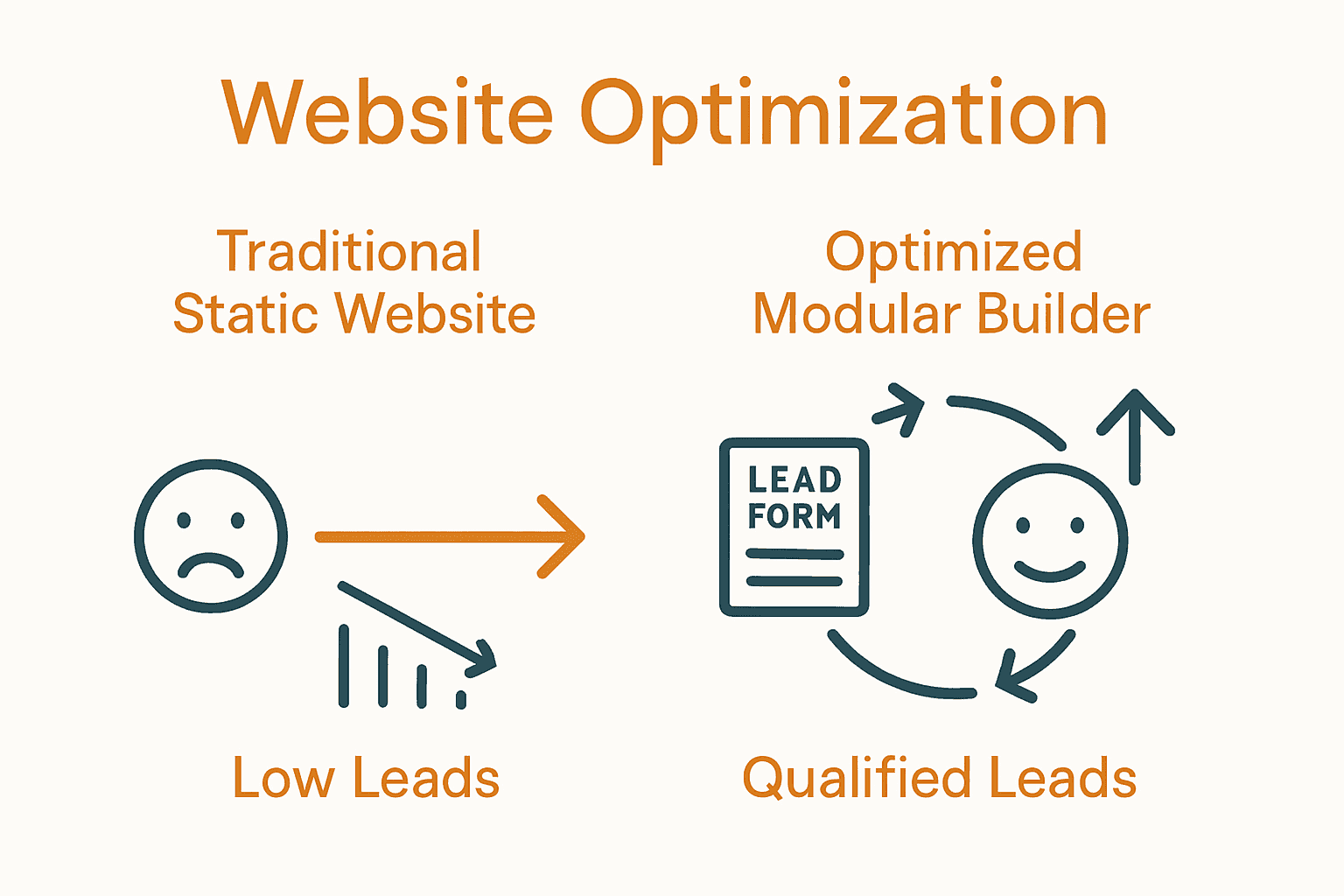 Infographic comparing traditional builder websites with optimized lead generation workflow.