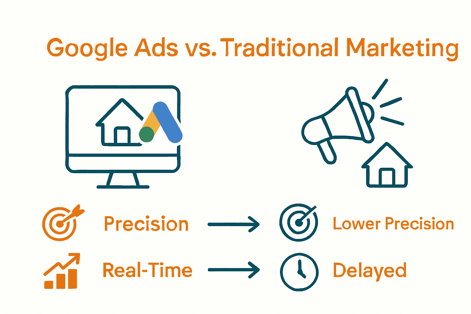 Infographic comparing Google Ads to traditional marketing for construction firms using icons and charts.