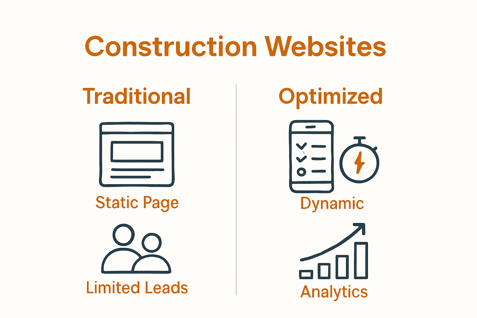 Comparison of traditional and optimized construction websites using icons and arrows.