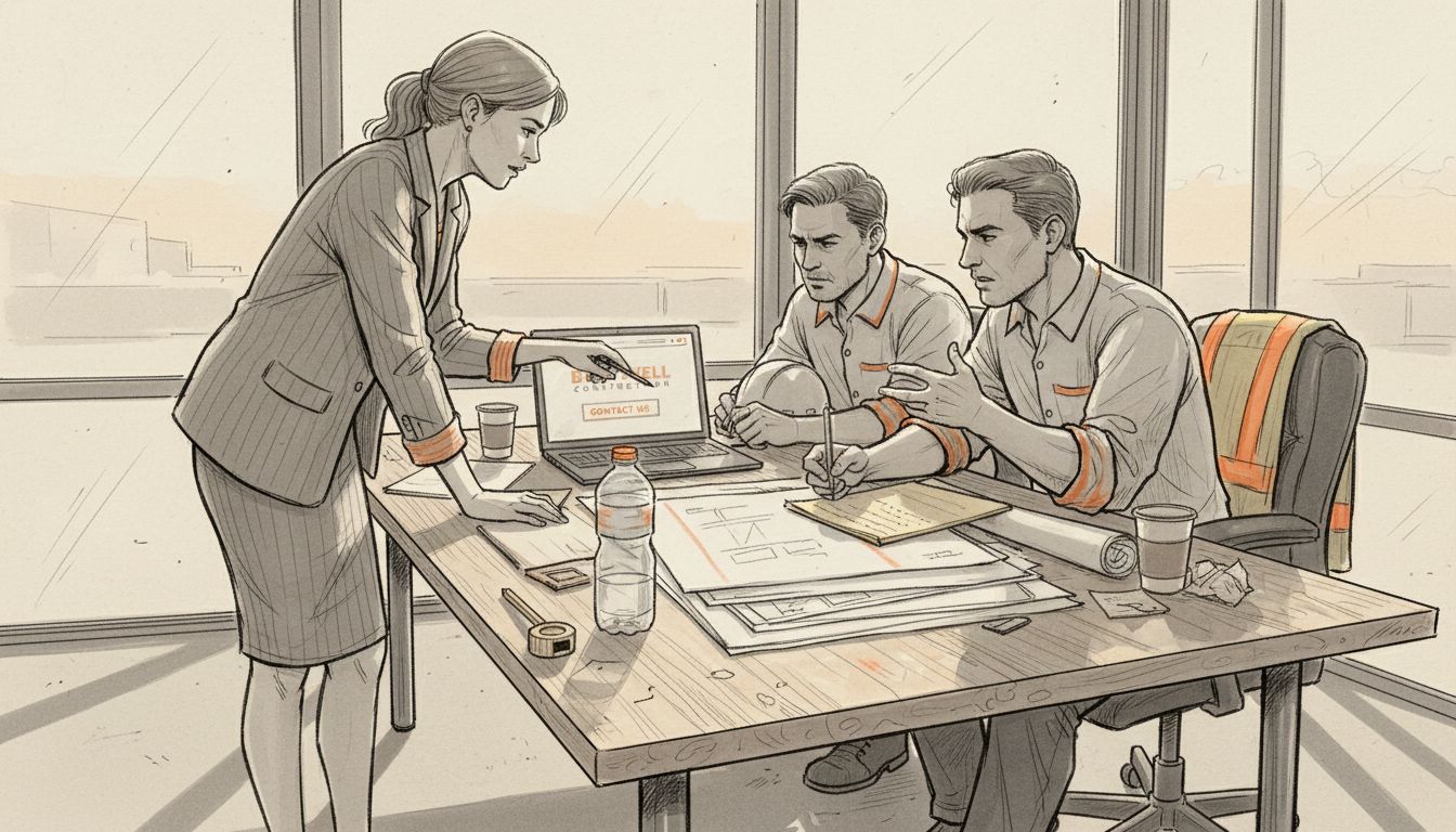 Team discussing construction website features