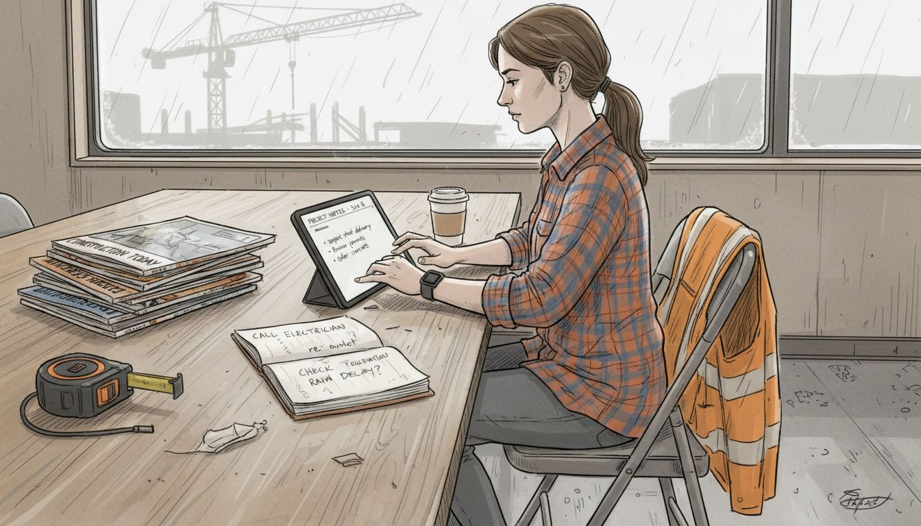 Woman types notes on tablet at construction site