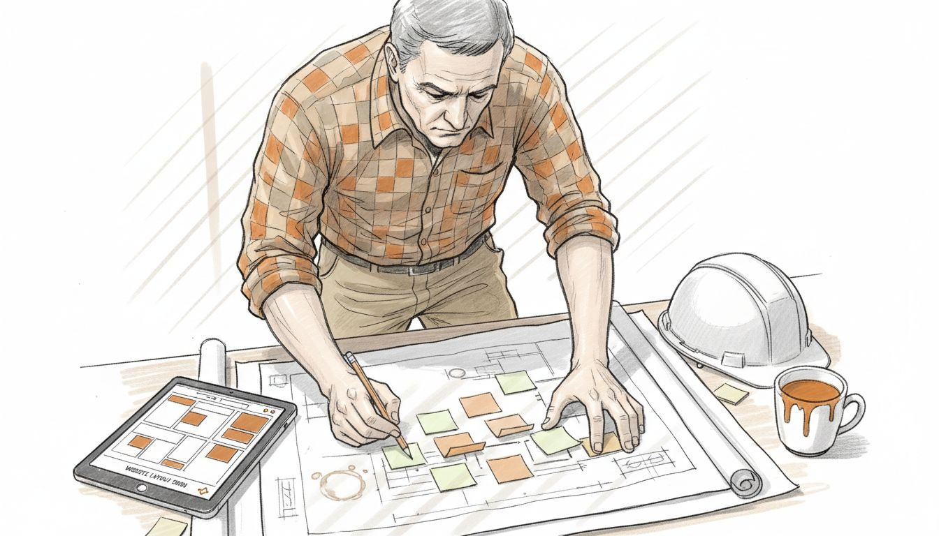Builder sketches modular website layout on table