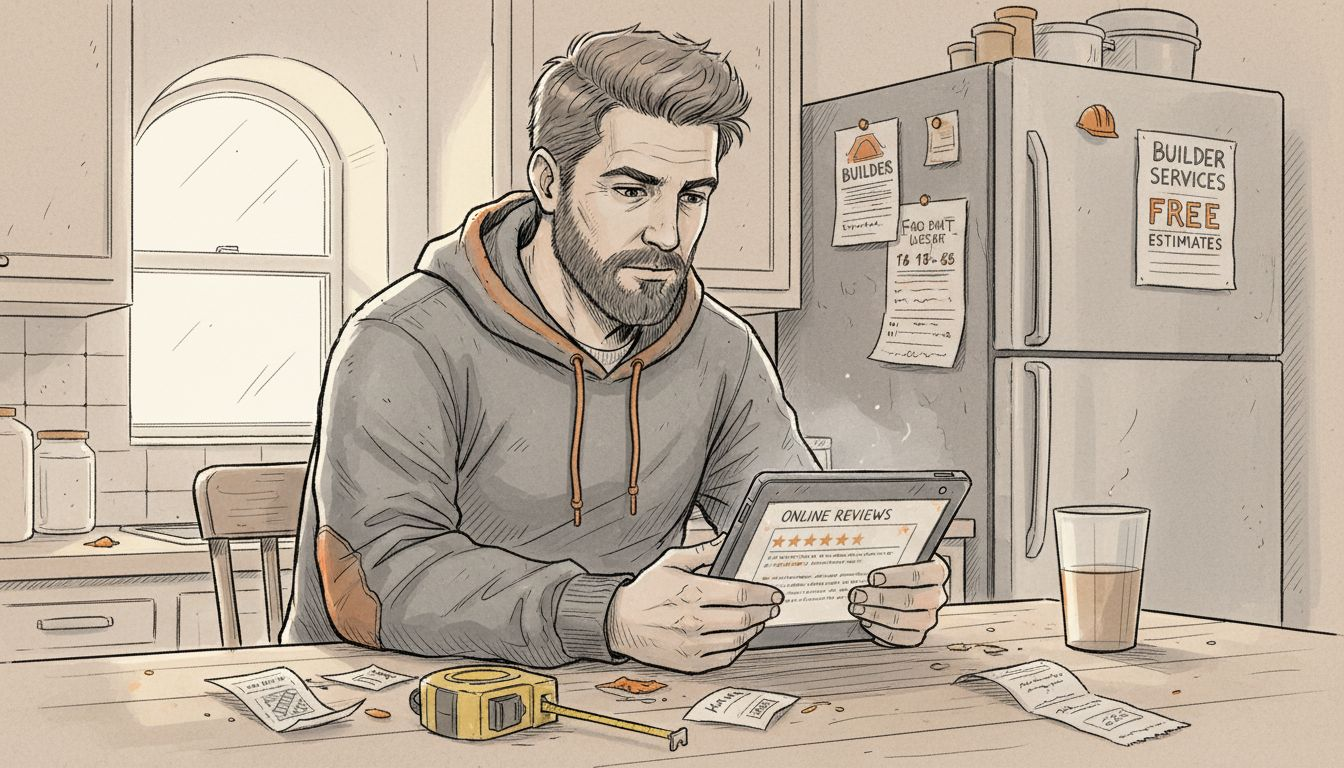 Builder reading online reviews at kitchen counter