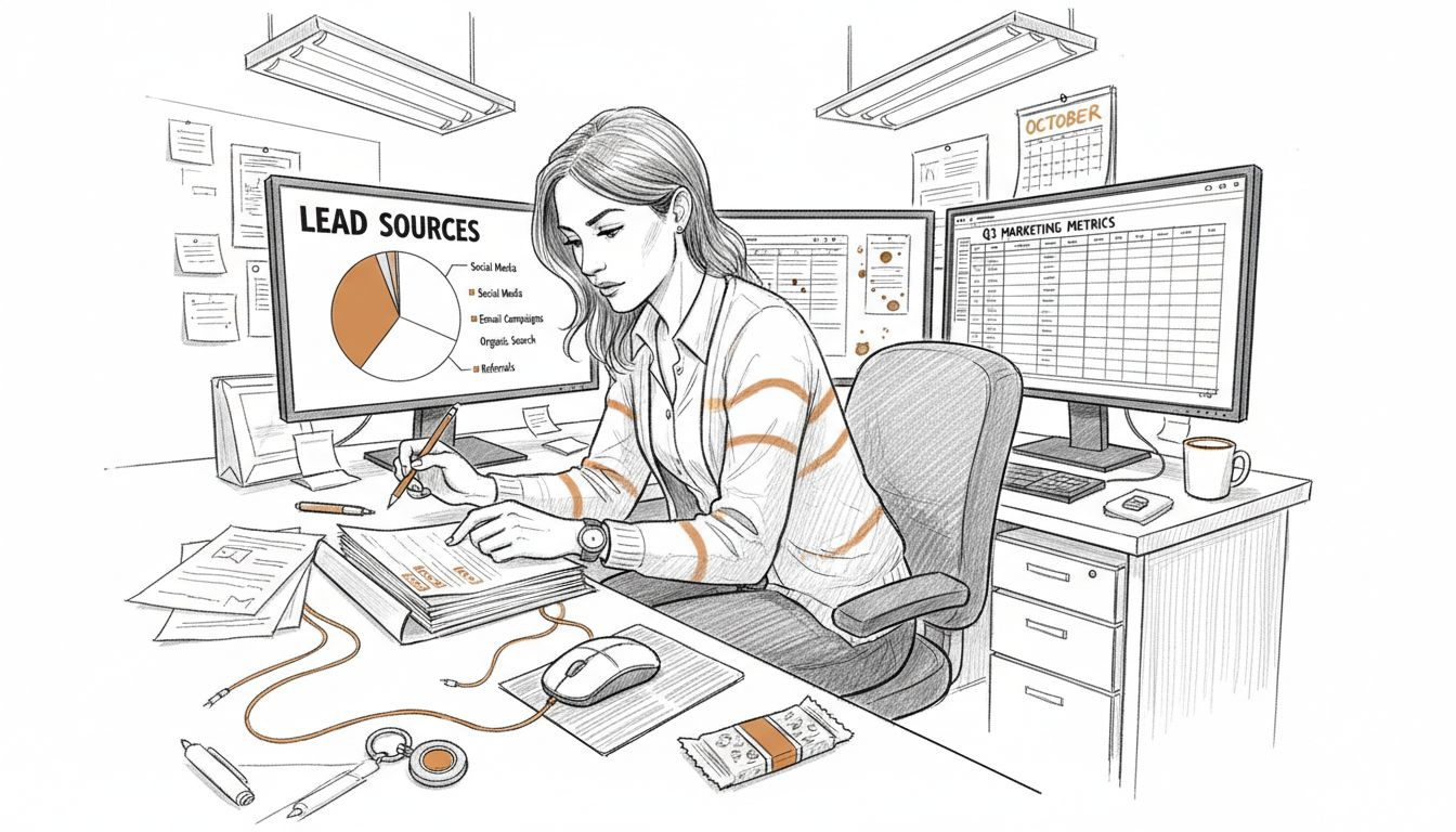 Analyst comparing lead source charts and papers