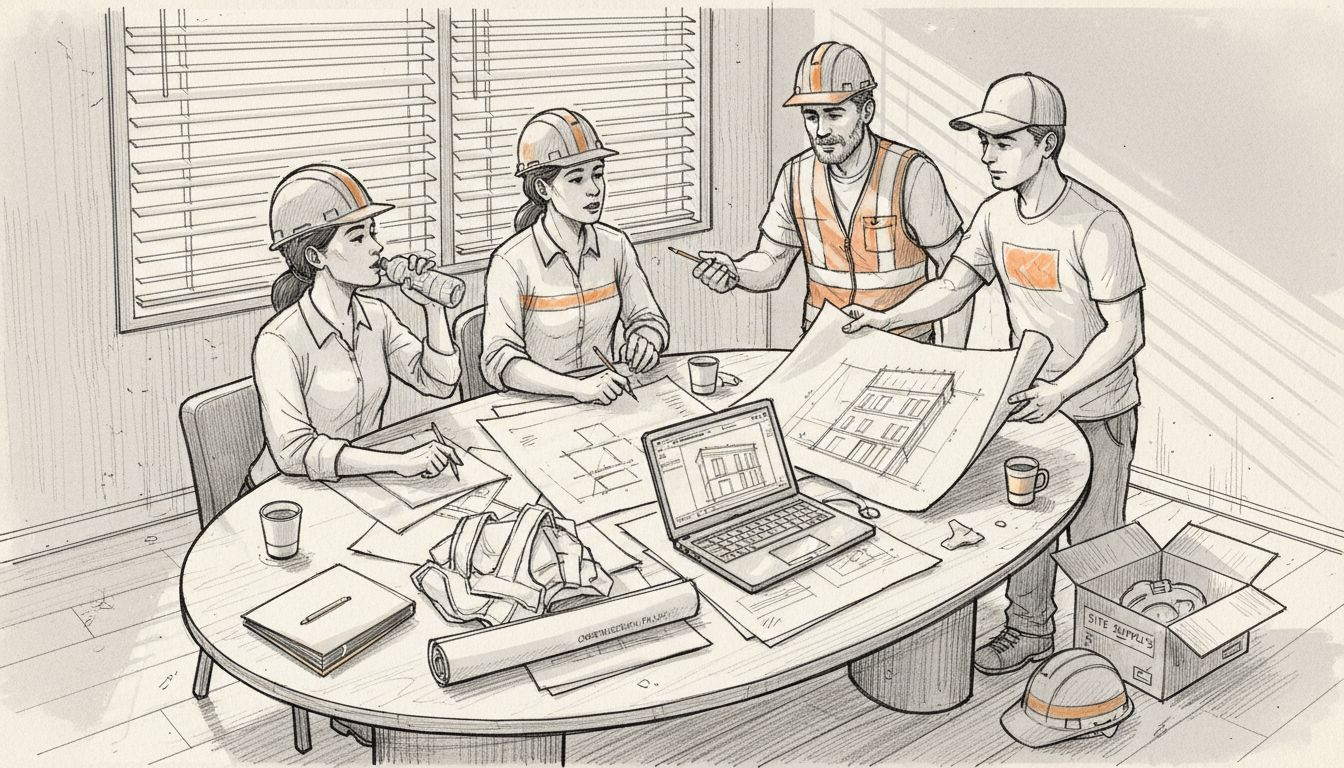 Design-build team discussing project workflow