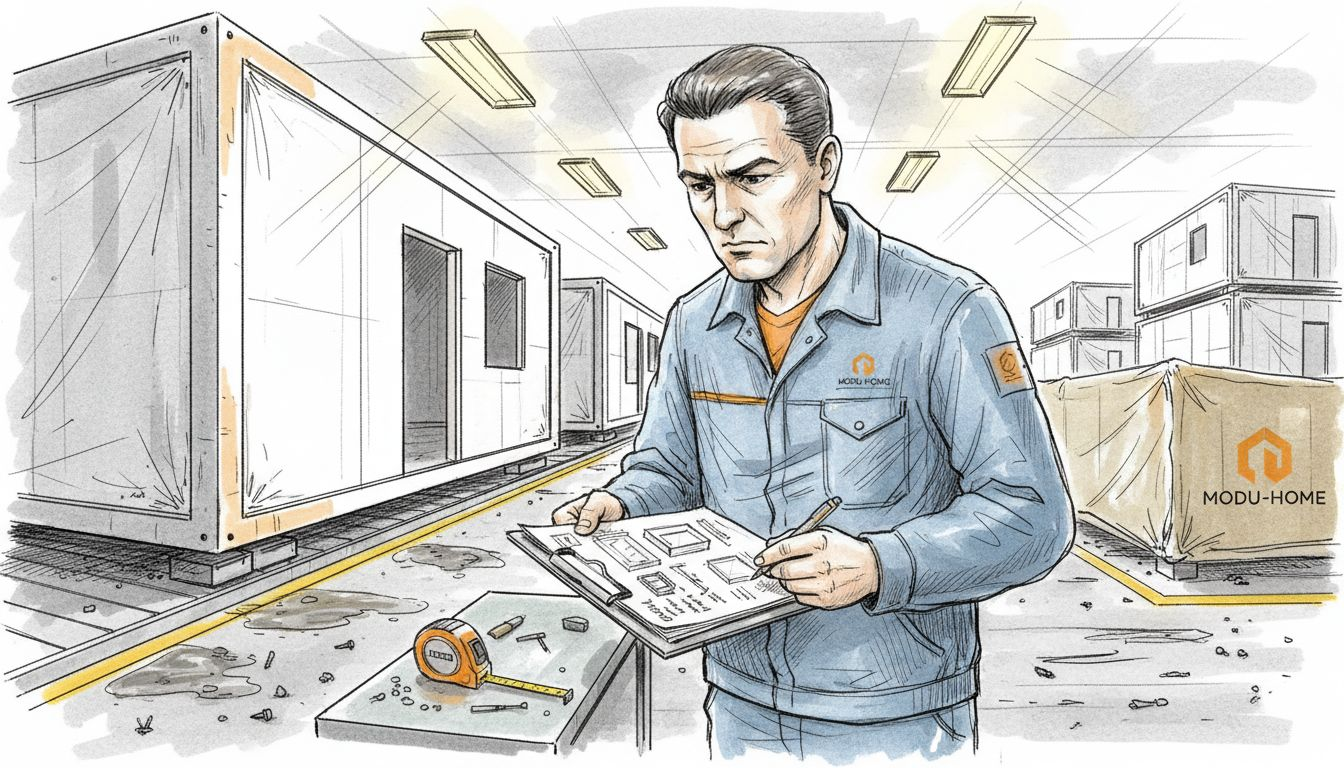 Factory worker inspects modular construction units