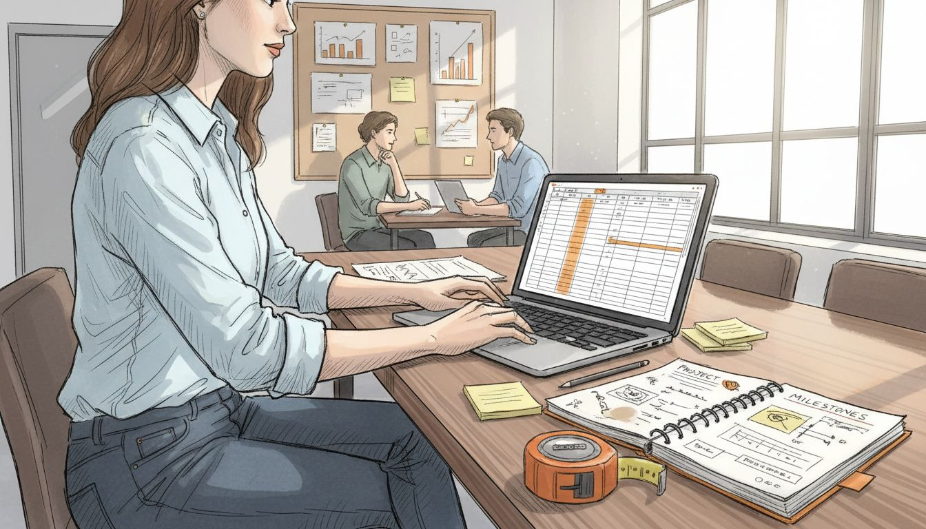 Marketer reviews project data at laptop