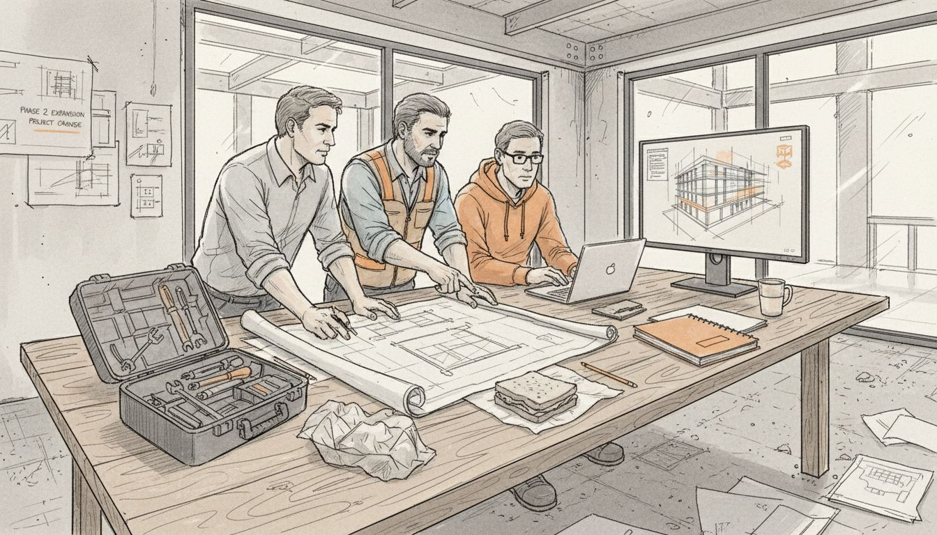 Team collaborating on modular building plans