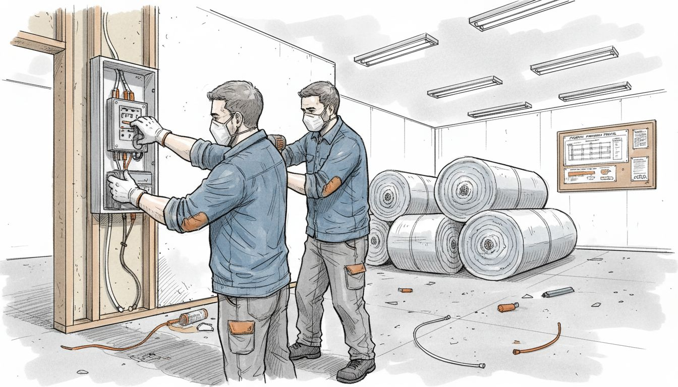 Technicians assembling prewired modular wall