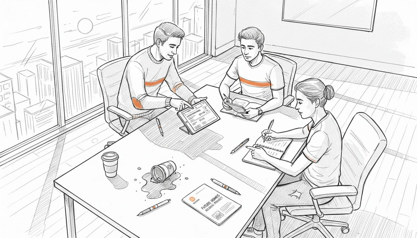 Team discussing ADU marketing analytics around table