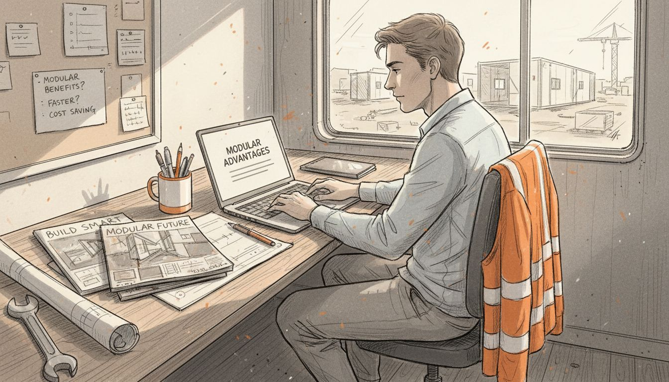 Modular builder writing marketing blog at cluttered desk